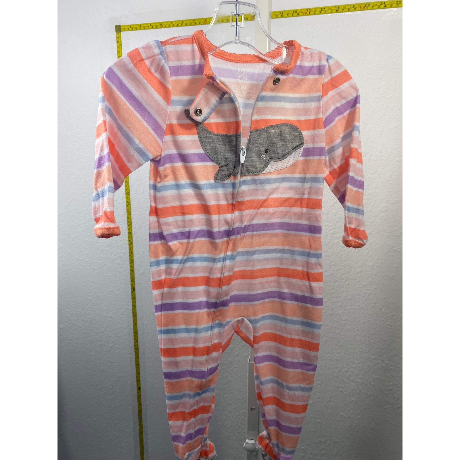 Just One You Carters Baby Girl 12m Orange Purple Striped Whale Zip Footed Pajama